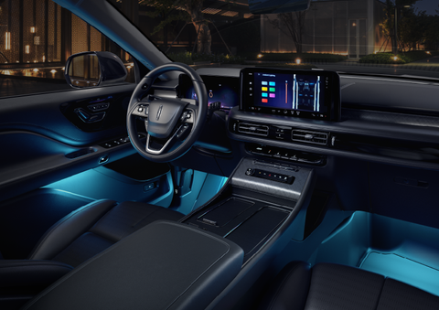 Deep blue ambient lighting glows from various places within a 2025 Lincoln Aviator® SUV. | Doral Lincoln in Doral FL