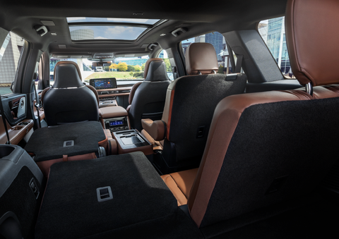 The interior of the 2025 Lincoln Aviator® SUV is shown with two seats folded down for added space. | Doral Lincoln in Doral FL